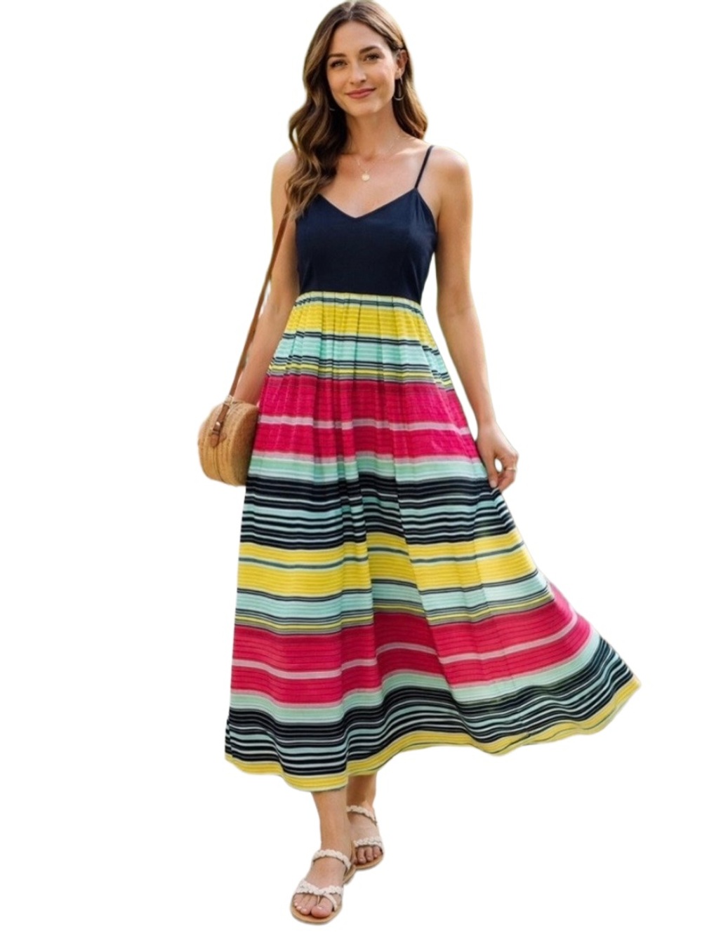 Ann Taylor Pleated Striped with Straps MIDI -Maxi Dress 6